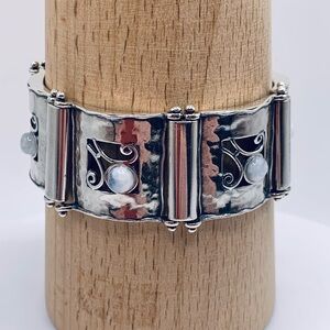 Vintage Sterling Silver Didae Panel Bracelet w/Moonstone Accents & Safety Chain